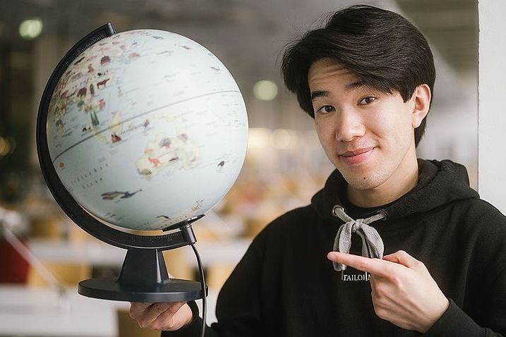 Ein Student zeigt auf einen Globus © HTW Berlin/Alexander Rentsch
